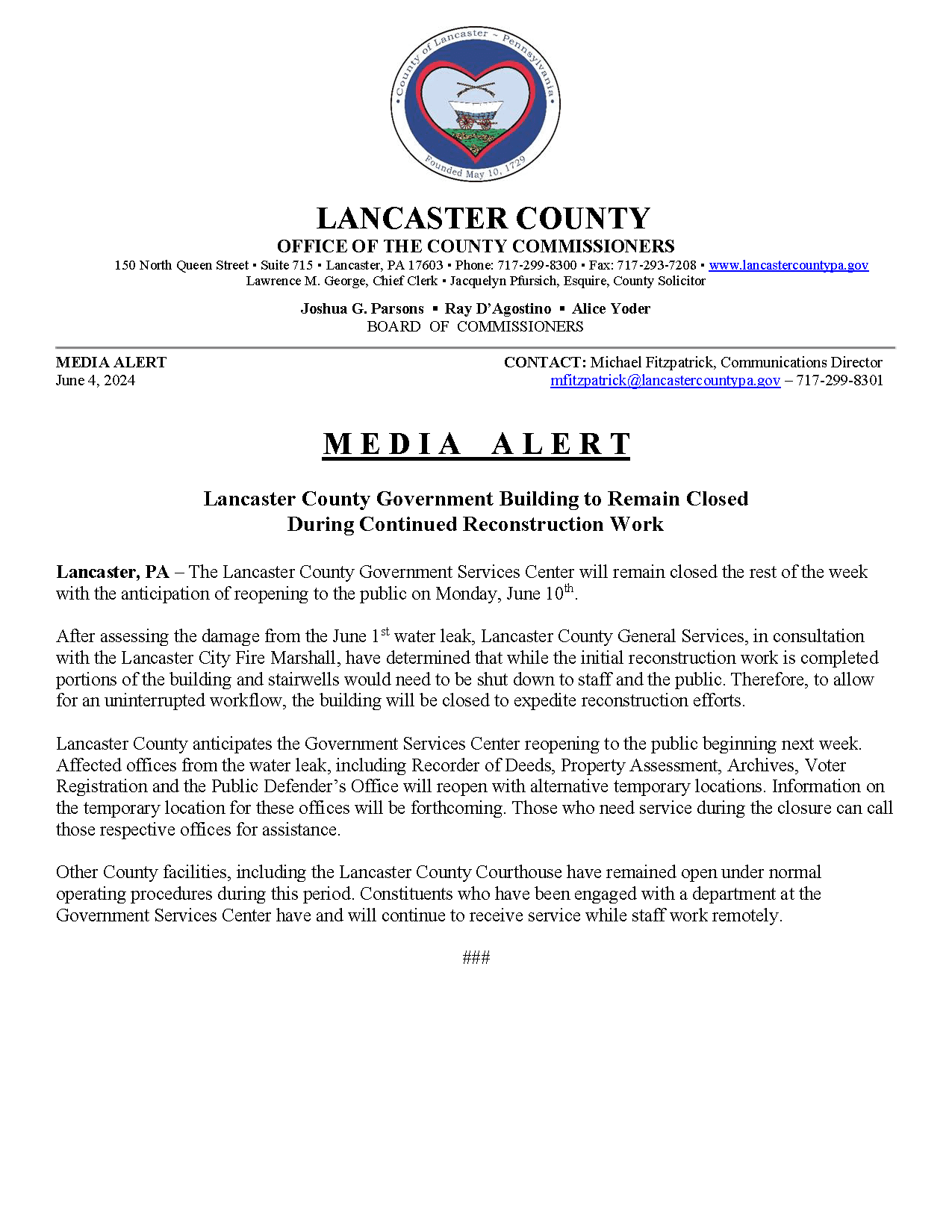 Media Alert - Water Leak 6-4 Update