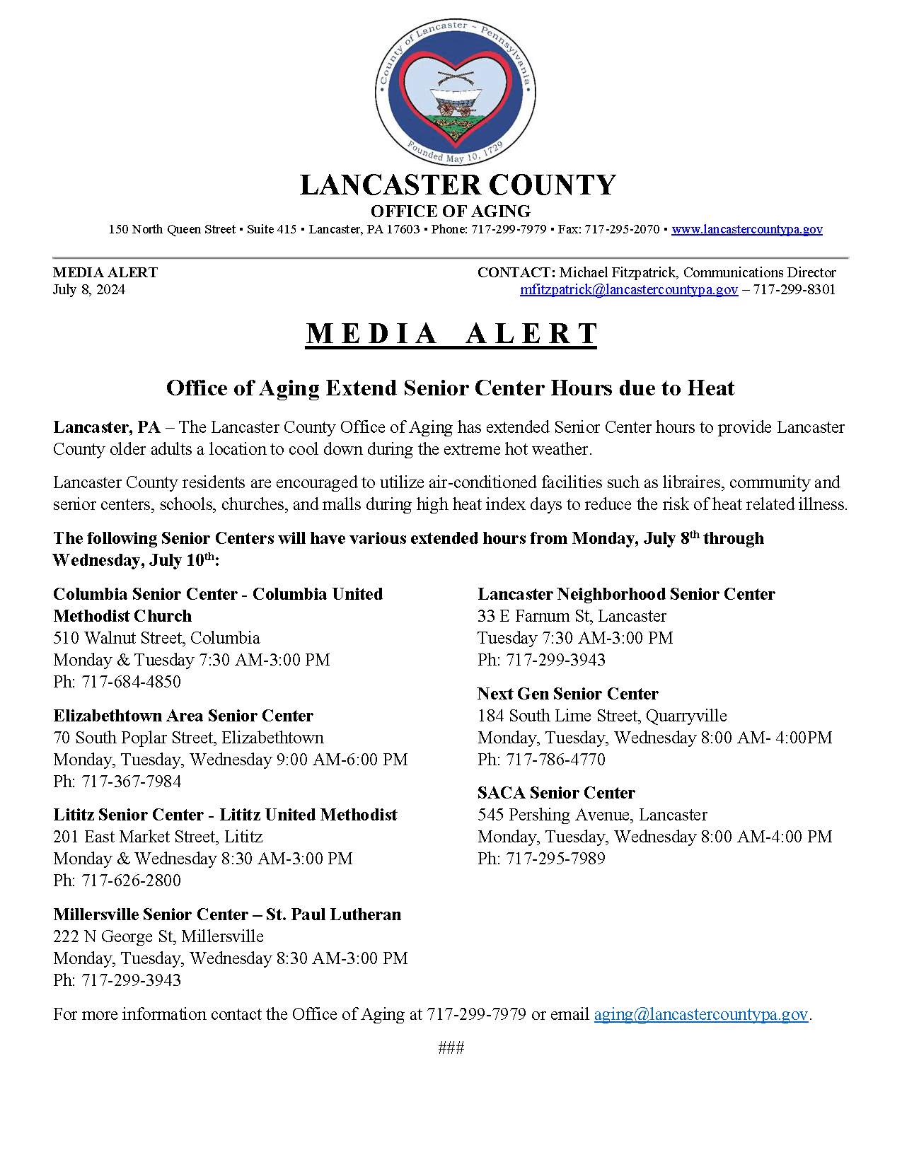 Media Alert - Extended Senior Center Hours - July 2024