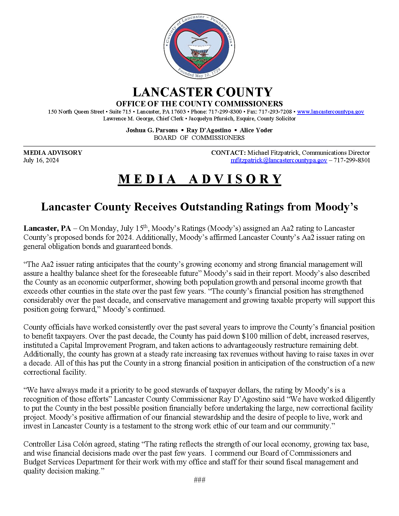 Media Advisory - Moody 2024 Ratings