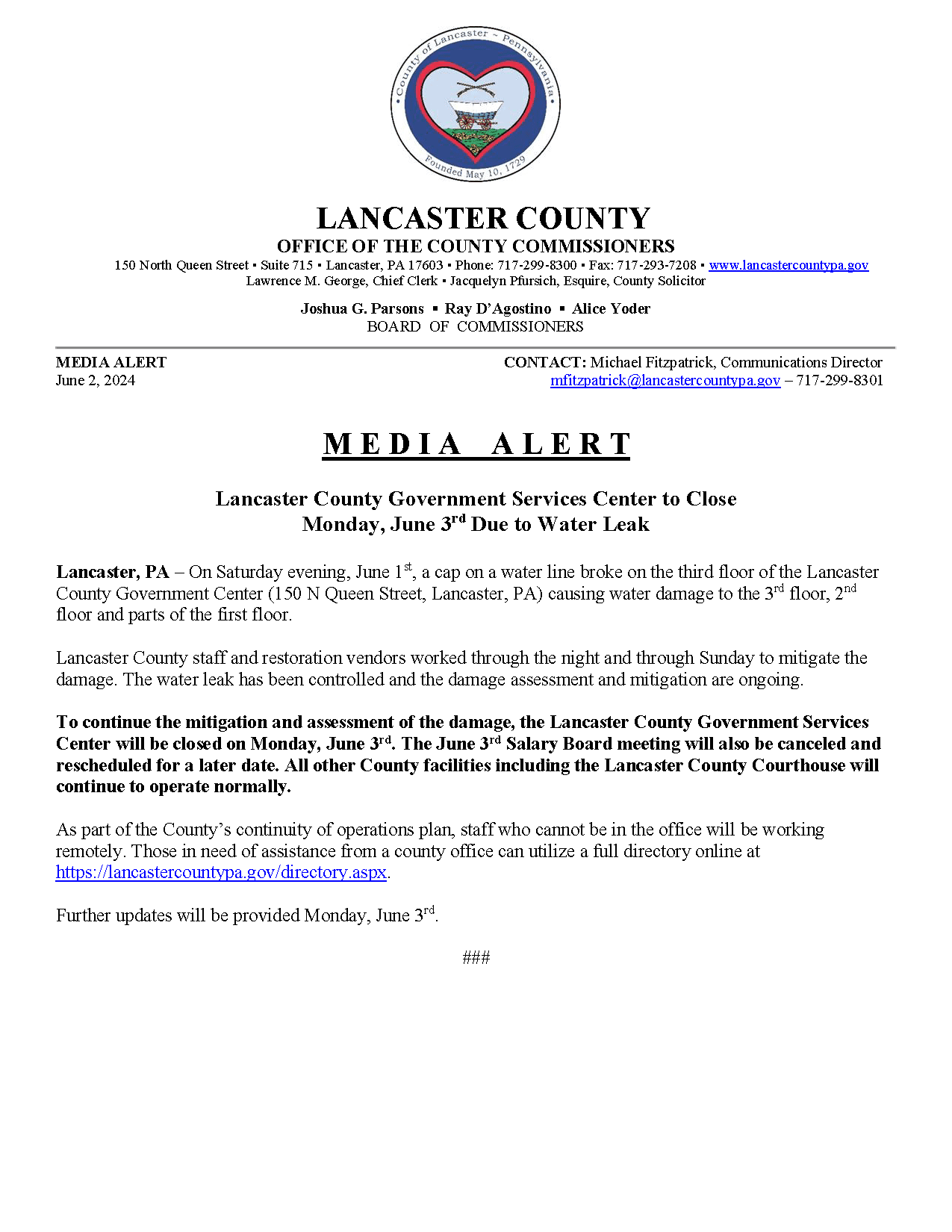 Media Alert - Water Leak